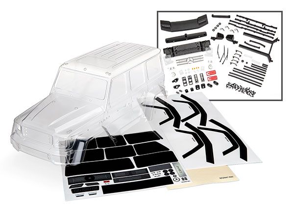 Traxxas Body, Mercedes-BenzÔøΩ G 500ÔøΩ (clear, requires painting)/ decals/ window masks (includes rear body post, grille, side mirrors, door handles, windshield wipers)