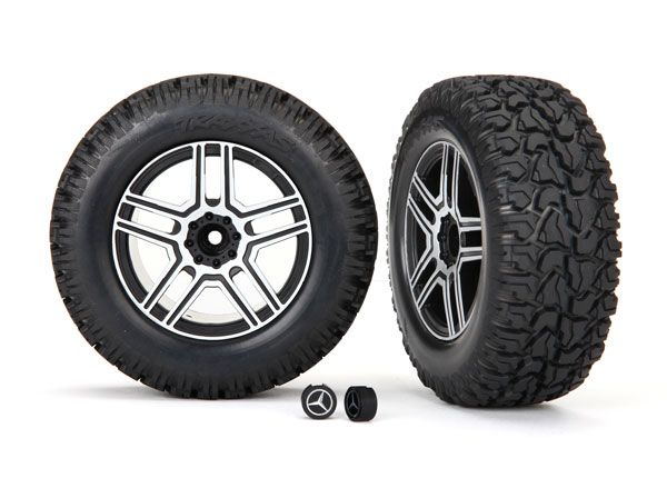 Traxxas Tires &amp; wheels, assembled, glued (2.6&quot; black, satin chrome-plated Mercedes-BenzÔøΩ G 500ÔøΩ 4x4_ wheels, 4.6x2.6&quot; tires) (2)/ center caps (2) (requires #8255A extended thread stub axle)