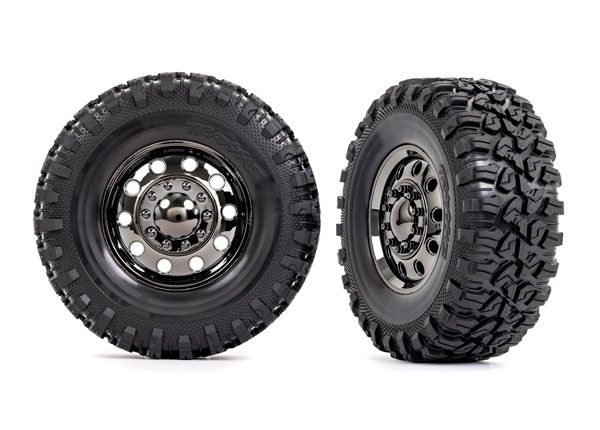 Traxxas Tires &amp; wheels, assembled, glued (TRX-6ÔøΩ Big Rig 2.2&quot; black chrome wheels, Canyon RT 4.6x2.2&quot; tires, foam inserts) (front) (2)/ center caps (black chrome) (2)
