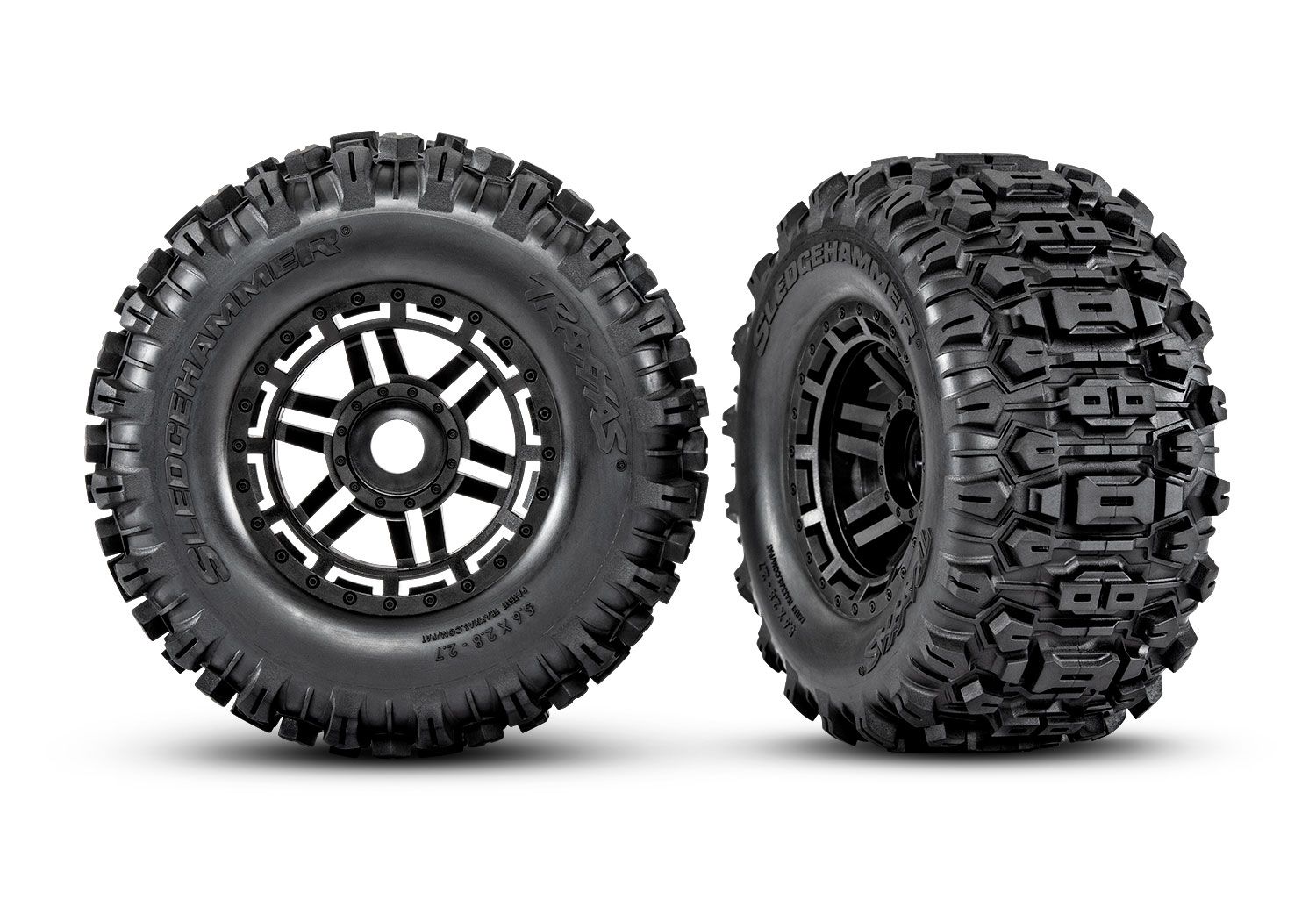 Traxxas Tires &amp; wheels, assembled, glued (black wheels, dual profile (2.8&quot; outer, 3.6&quot; inner), SledgehammerÔøΩ tires, foam inserts) (2) (17mm splined) (TSMÔøΩ rated)
