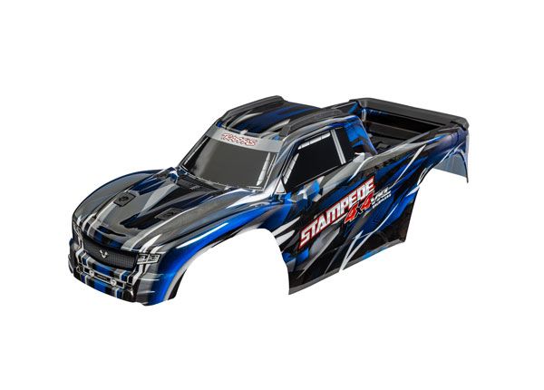 TRA9014-BLUE, Traxxas Body, Stampede 4X4 VXL, blue (painted, decals applied) (assembled with front &amp; rear body mounts and rear body support for clipless mounting)