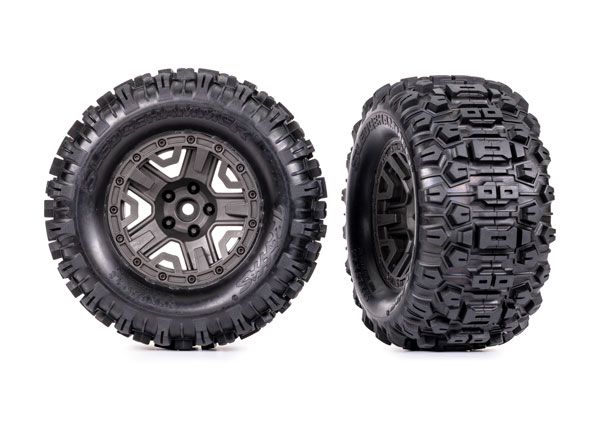 Traxxas Tires &amp; wheels, assembled, glued (charcoal gray 2.8&quot; wheels, SledgehammerÔøΩ tires, foam inserts) (2) (TSMÔøΩ rated)