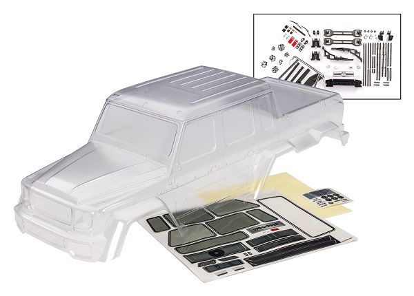 Traxxas Body, Mercedes-BenzÔøΩ G 63ÔøΩ (clear, requires painting)/ decals/ window masks (includes grille, side mirrors, door handles, windshield wipers, &amp; clipless mounting) (requires #8080X &amp; 8828X i