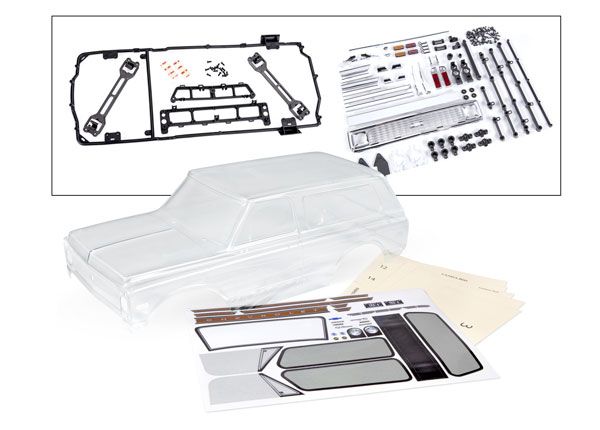 Traxxas Body, Chevrolet Blazer (1972) (clear, requires painting)/ decals/ window masks (includes grille, side mirrors, door handles, windshield wipers, clipless mounting, hardware) (requires #8072X in