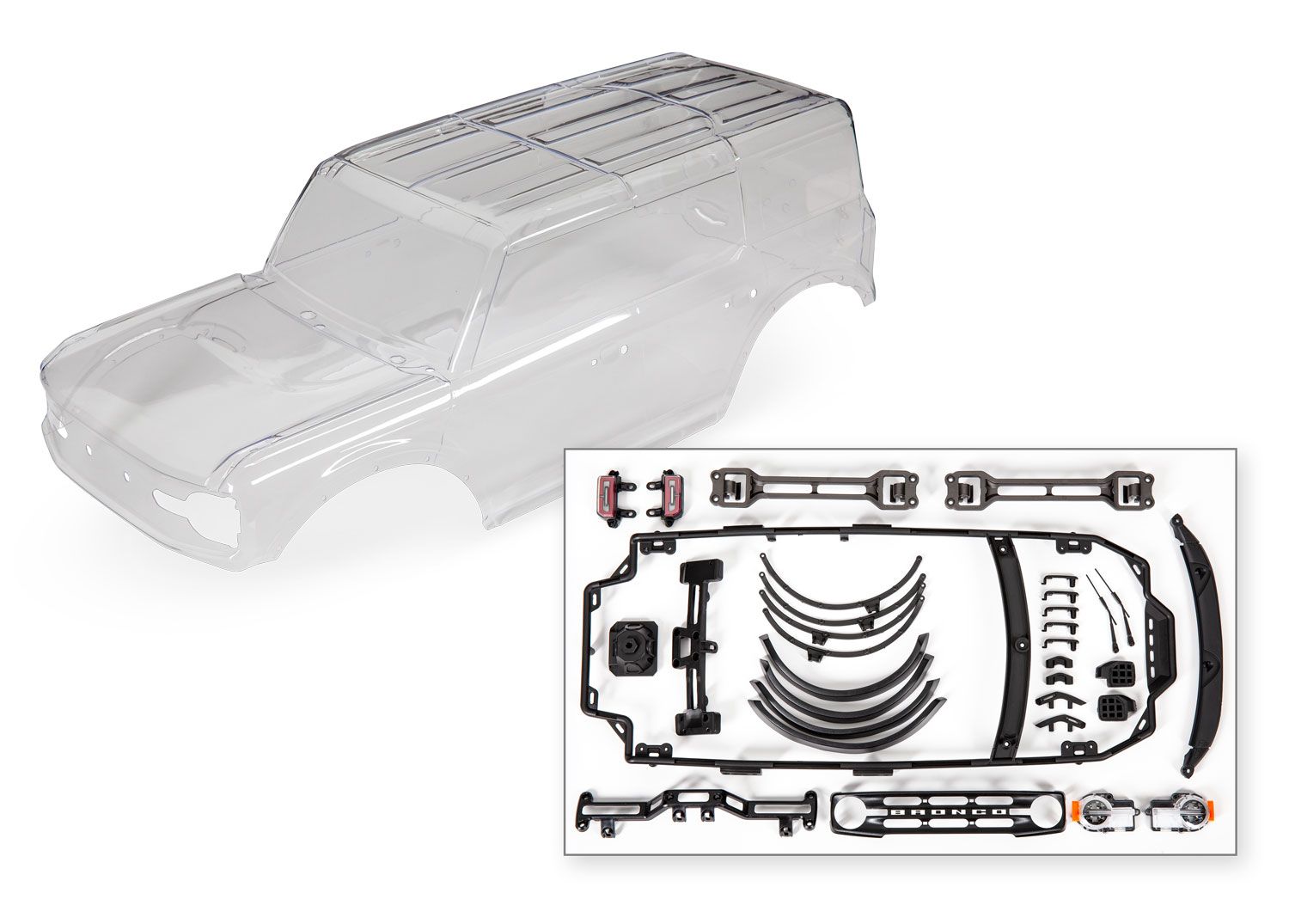 Traxxas Body, Ford Bronco (clear, requires painting)/ decals/ window masks (includes grille, side mirrors, door handles, fender flares, windshield wipers, spare tire mount, clipless mounting, hardware