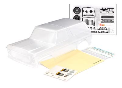Traxxas Body, Ford Bronco (1979), complete (clear, trimmed, requires painting) (includes grille, side mirrors, door handles, windshield wipers, spare tire mount, decals, window masks) (requires #8072X