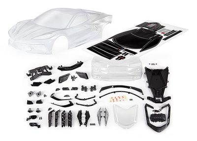 Traxxas Body, Chevrolet Corvette Stingray (clear, trimmed, requires painting)/ decal sheet (includes side mirrors, spoiler, grilles, vents, hardware, &amp; clipless mounting)