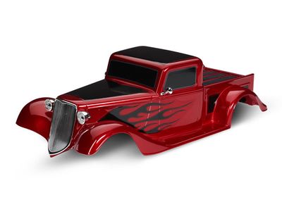 Traxxas Body, Factory Five &#39;35 Hot Rod Truck, complete (red) (painted, decals applied) (includes front grille, side mirrors, headlights, tail lights, foam pads)