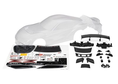 TRA9340, Traxxas Body, Toyota Supra GT4 (clear, trimmed, requires painting)/ decal sheet (includes side mirrors, spoiler, grilles, vents, hardware, &amp; clipless mounting)