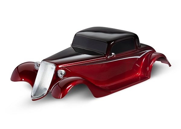 Traxxas Body, Factory Five &#39;33 Hot Rod Coupe, complete (red) (painted, decals applied) (includes front grille, side mirrors, headlights, tail lights, foam pads)