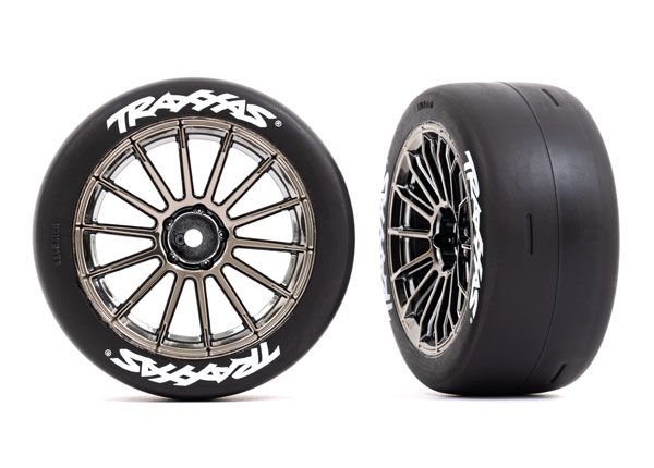 Traxxas Tires &amp; wheels, assembled, glued (multi-spoke black chrome wheels, 2.0&quot; slick tires with TraxxasÔøΩ logo, foam inserts) (rear) (2) (VXL rated)
