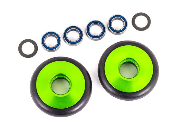 Traxxas Wheels, wheelie bar, 6061-T6 aluminum (green-anodized) (2)/ 5x8x2.5mm ball bearings (4)/ o-rings (2)/ 5x8x0.3mm TW (2)