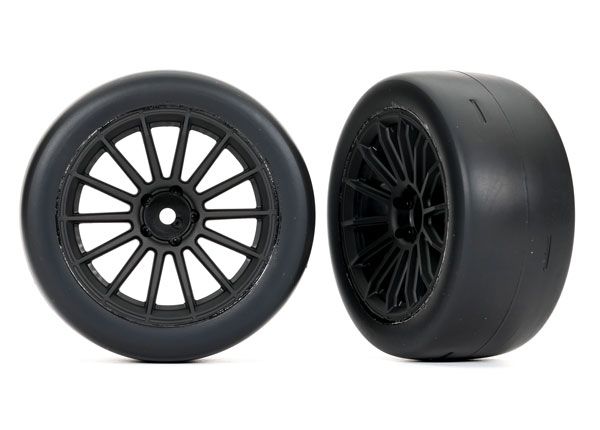 Traxxas Tires &amp; wheels, assembled, glued (multi-spoke black wheels, 2.0" slick tires, foam inserts) (rear) (2)