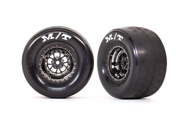TRA9475X, Traxxas Drag Slash Rear Pre-Mounted Tires &amp; Weld Wheels (Black Chrome) (2)