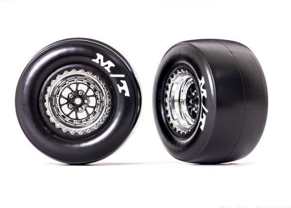 Traxxas Tires &amp; wheels, assembled, glued (Weld chrome with black wheels, Mickey ThompsonÔøΩ ET DragÔøΩ Slicks, sticky compound, foam inserts) (rear) (2)