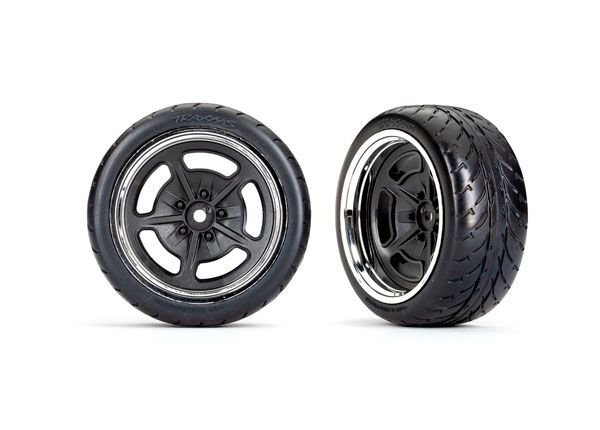 Traxxas Tires &amp; wheels, assembled, glued (black with chrome wheels, 2.1&quot; Response tires) (extra wide, rear) (2)