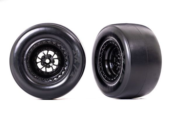 Traxxas Tires &amp; wheels, assembled, glued (Weld glossy black wheels, Mickey ThompsonÔøΩ ET DragÔøΩ Slicks, smoke compound, foam inserts) (rear) (2)