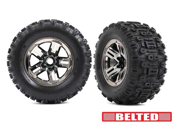 TRA9573A, Traxxas Sledgehammer Belted 3.8" Pre-Mounted Monster Truck Tires (Black Chrome) (2) w/17mm Splined Hex