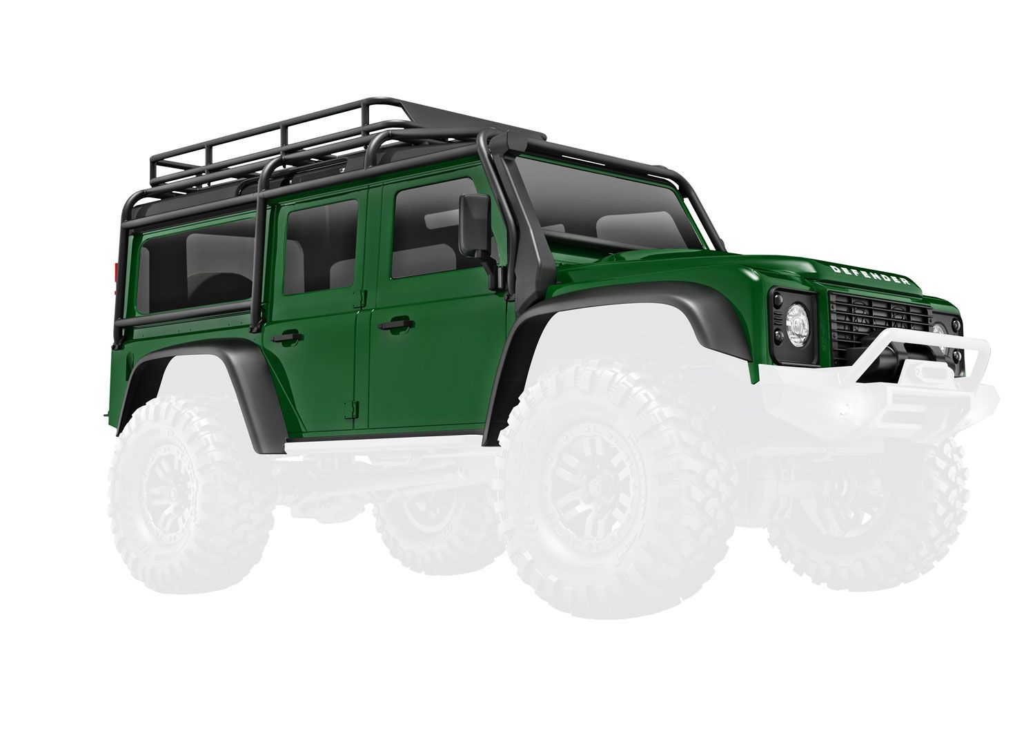 Traxxas Body, Land RoverÔøΩ DefenderÔøΩ, complete, green (includes grille, side mirrors, door handles, fender flares, fuel canisters, jack, spare tire mount, &amp; clipless mounting) (requires #9734 front