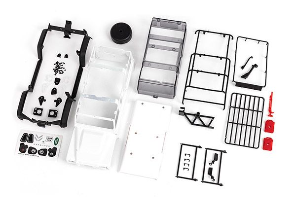 Traxxas Body, Land RoverÔøΩ DefenderÔøΩ, complete (unassembled) (white, requires painting) (includes grille, side mirrors, door handles, fender flares, fuel canisters, jack, spare tire mount, &amp; cliple