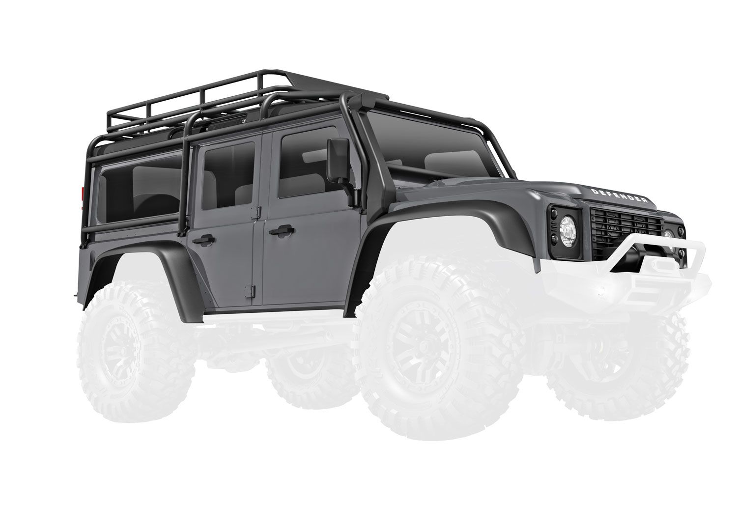 Traxxas Body, Land RoverÔøΩ DefenderÔøΩ, complete, silver (includes grille, side mirrors, door handles, fender flares, fuel canisters, jack, spare tire mount, &amp; clipless mounting) (requires #9734 fron