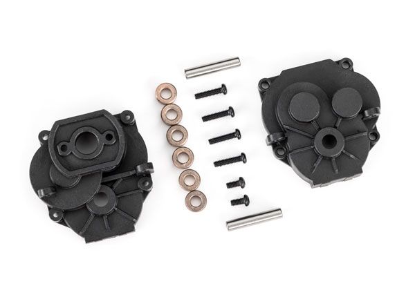 Traxxas Gearbox housing (front &amp; rear)/ 2x4mm BCS (with threadlock) (2)/ 2x8mm BCS (4)/ 3x6x2.5mm bushings, self-lubricating (6)/ 3x16mm pins (2)