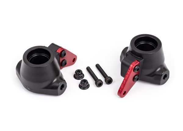 Traxxas Steering blocks, left &amp; right/ steering block arms (aluminum, red-anodized) (2)/ 3x18mm CS (2)/ M3x0.5mm NL (2)