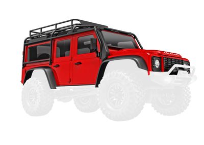 Traxxas Body, Land RoverÔøΩ DefenderÔøΩ, complete, red (includes grille, side mirrors, door handles, fender flares, fuel canisters, jack, spare tire mount, &amp; clipless mounting) (requires #9734 front &amp;