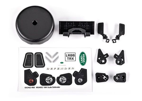Traxxas Grille/ mirrors, side (left &amp; right)/ spare tire cover/ light retainers, body (front &amp; rear, left &amp; right)/ decal sheet (fits #9712 body)