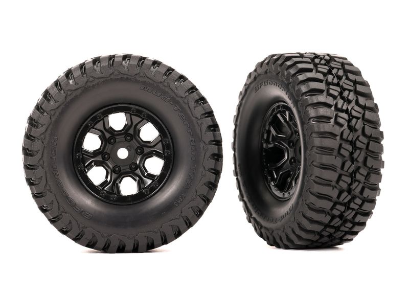 TRA9774, Traxxas Tires &amp; wheels, assembled (black 1.0" wheels, BFGoodrich Mud-Terrain T/A KM3 2.2x1.0" tires) (2)