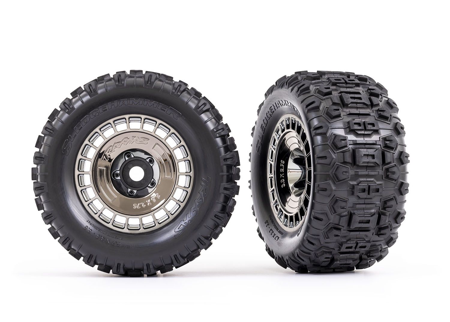 TRA9572T, Traxxas Tires &amp; wheels, assembled, glued (3.8&quot; black chrome wheels, black chrome wheel covers, Sledgehammer tires, foam inserts) (2)