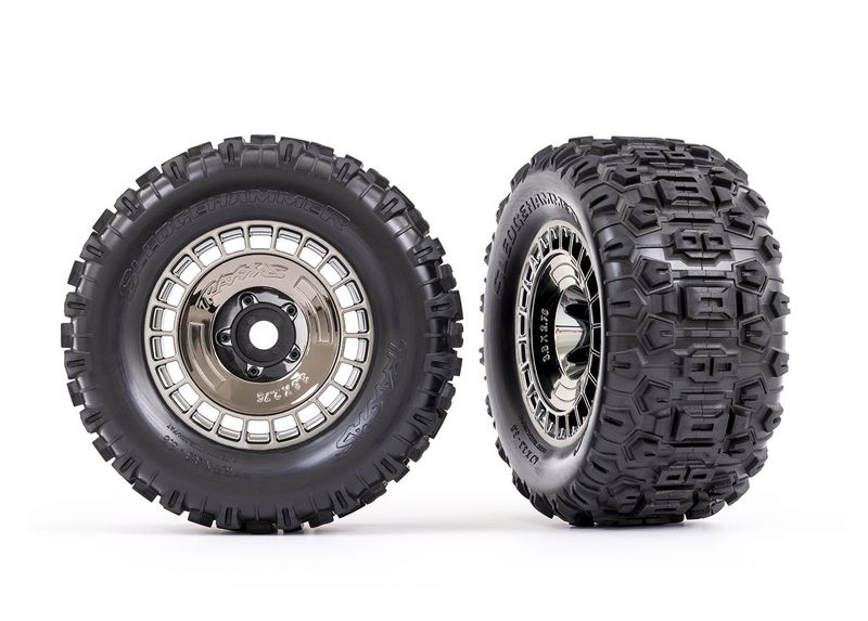 TRA9572T, Traxxas Tires &amp; wheels, assembled, glued (3.8&quot; black chrome wheels, black chrome wheel covers, Sledgehammer tires, foam inserts) (2)