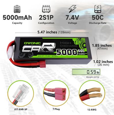 OVO2S500050CDEANS1X, OVONIC 7.4V Lipo Battery 5000mAh 50C 2S Lipo Battery Pack Hard Case Deans
