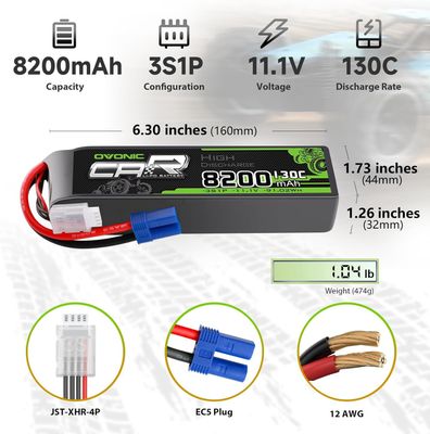 OVO3S8200130CEC52X, OVONIC 2 x 3S LiPo Battery 11.1V 8200mAh 130C EC5