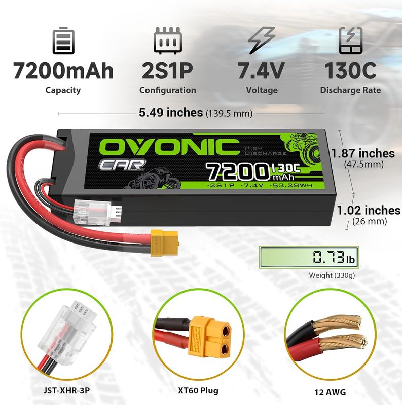 OVO2S7200130CXT602X, OVONIC 2 X 2S 7200mAh Hardcase 7.4V 130C LiPo Battery XT60