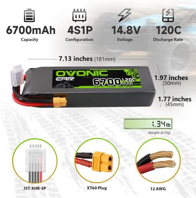 OVO4S6700120CXT602X, OVONIC 2 x 4S Lipo Battery 6700mAh 120C 14.8V RC Lipo Battery with XT60 Plug