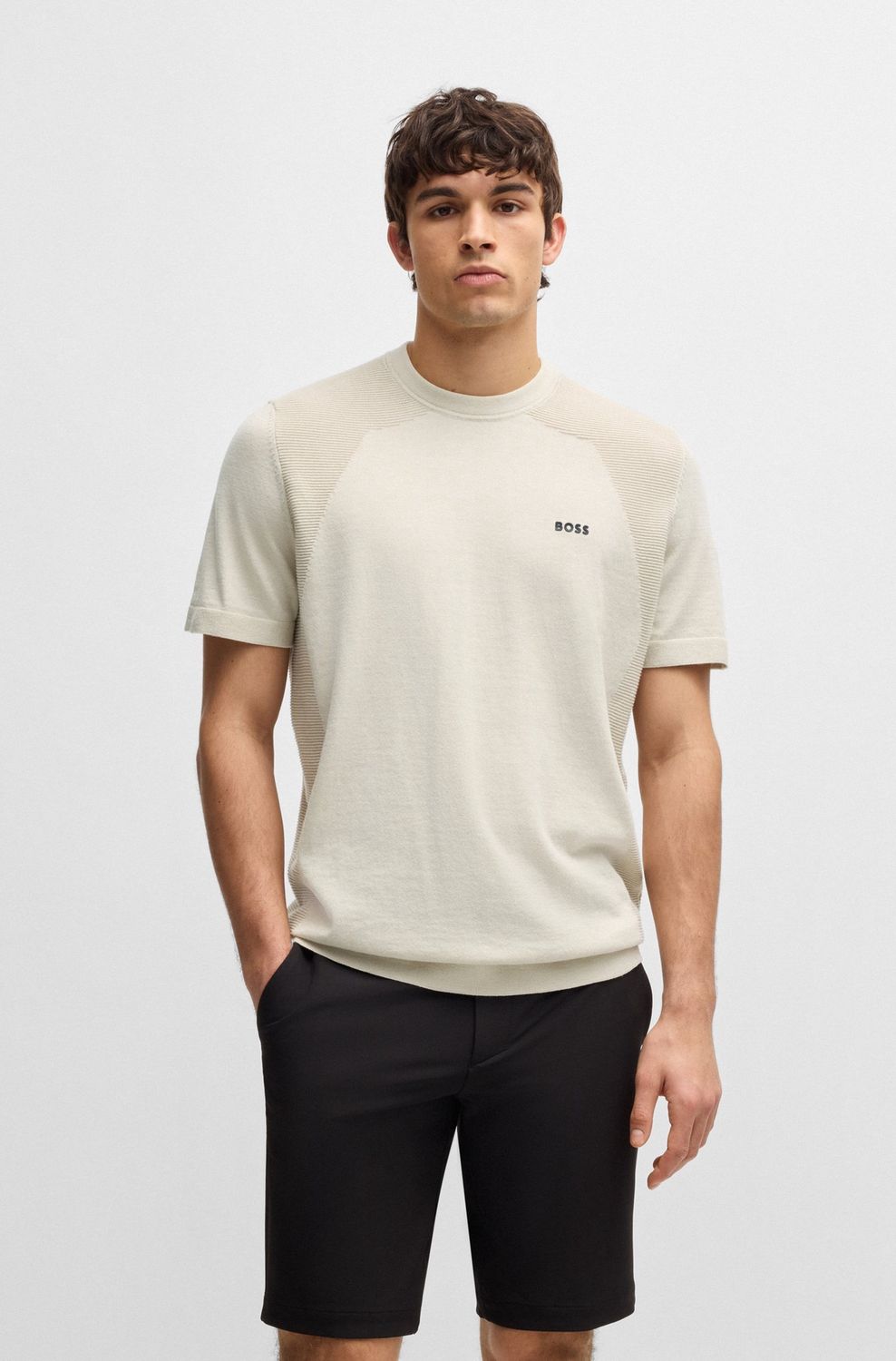 Actief T-shirt van een katoenmix met verschillende structuren beige