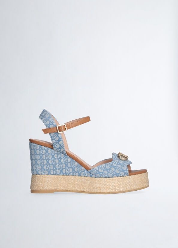 Liu jo Monogram denim wedge sandals
