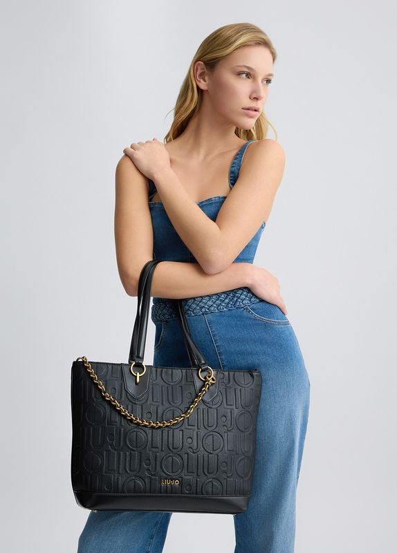 Shopping bag with logo and chain zwart