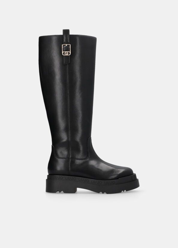 Knee-high leather boots zwart