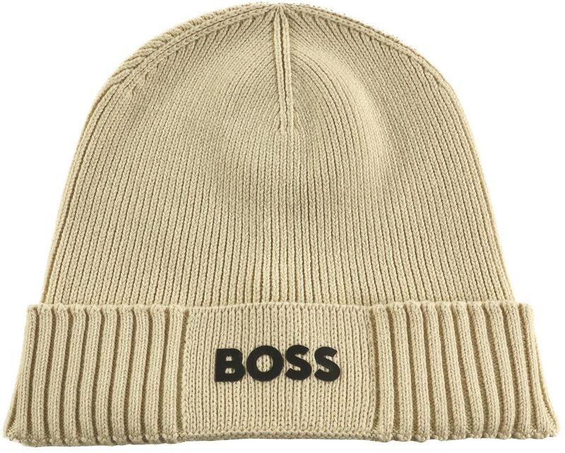 Hugo Boss Beanie van katoen en scheerwol met logodetail beige