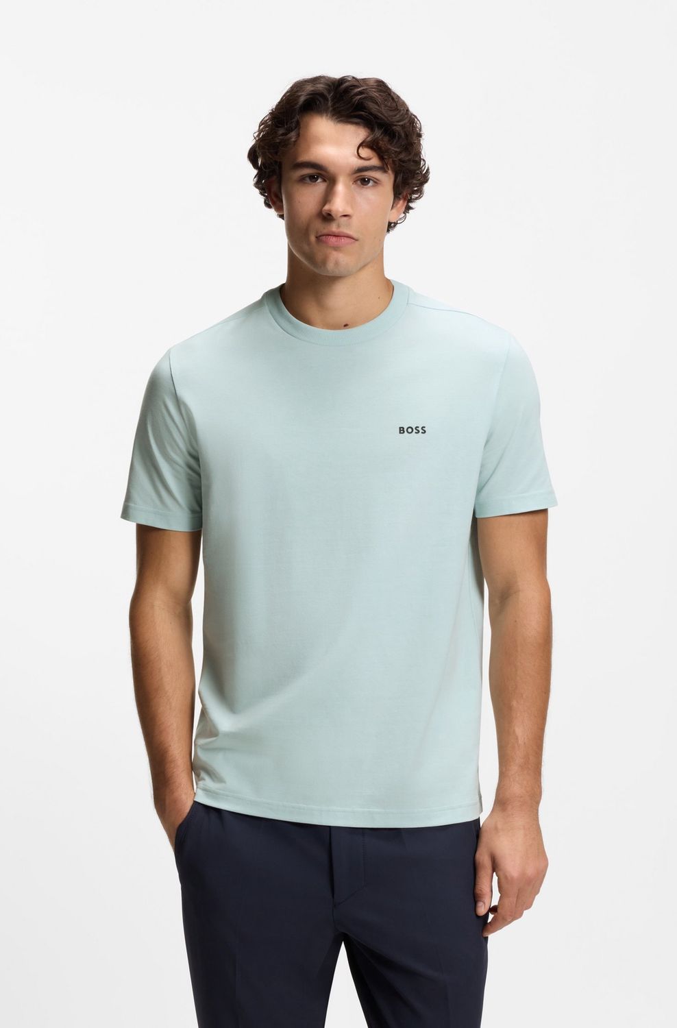 Hugo boss T-shirt van stretchkatoen met logodetail lichtblauw