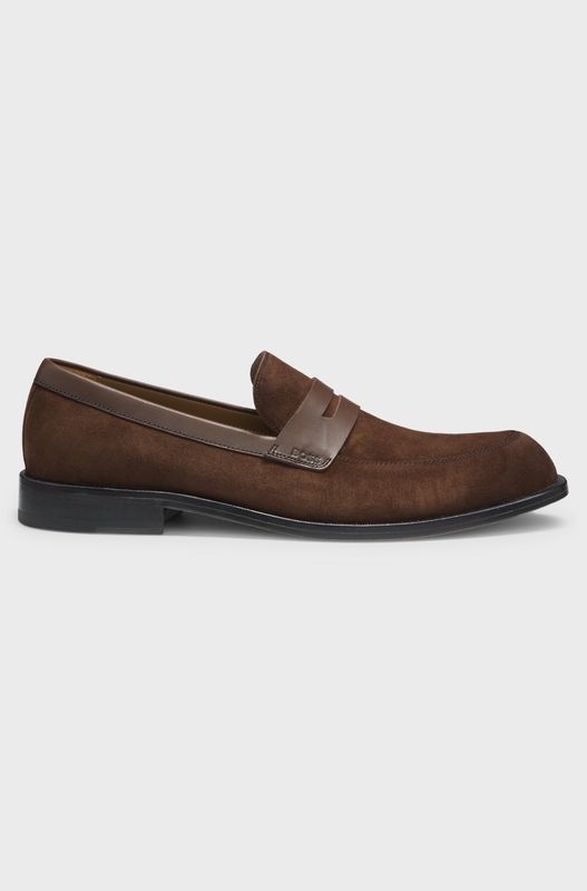 Hugo Boss Loafers van suède met leren details bruin