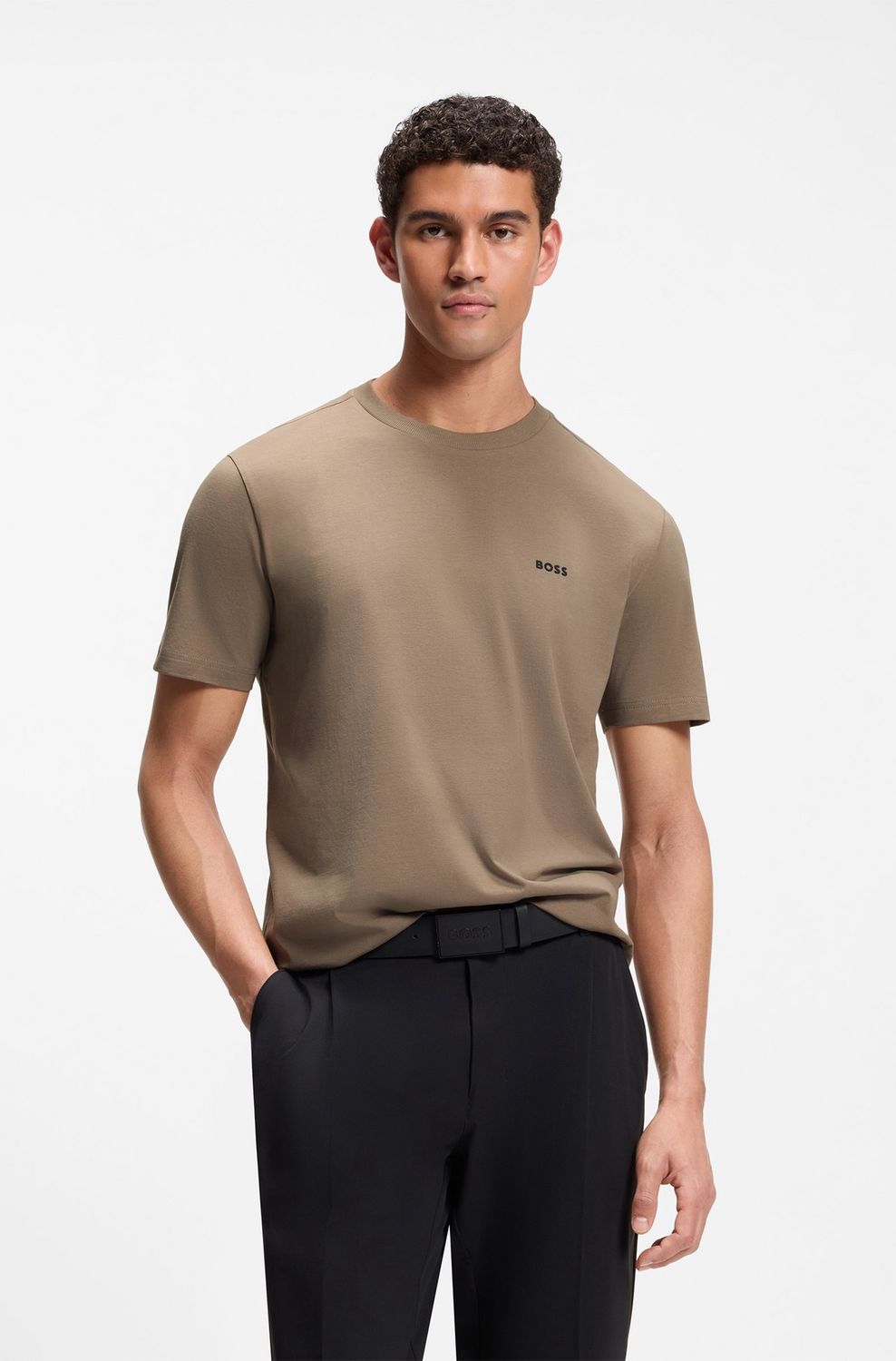 Hugo boss T-shirt van stretchkatoen met logodetail lichtbruin
