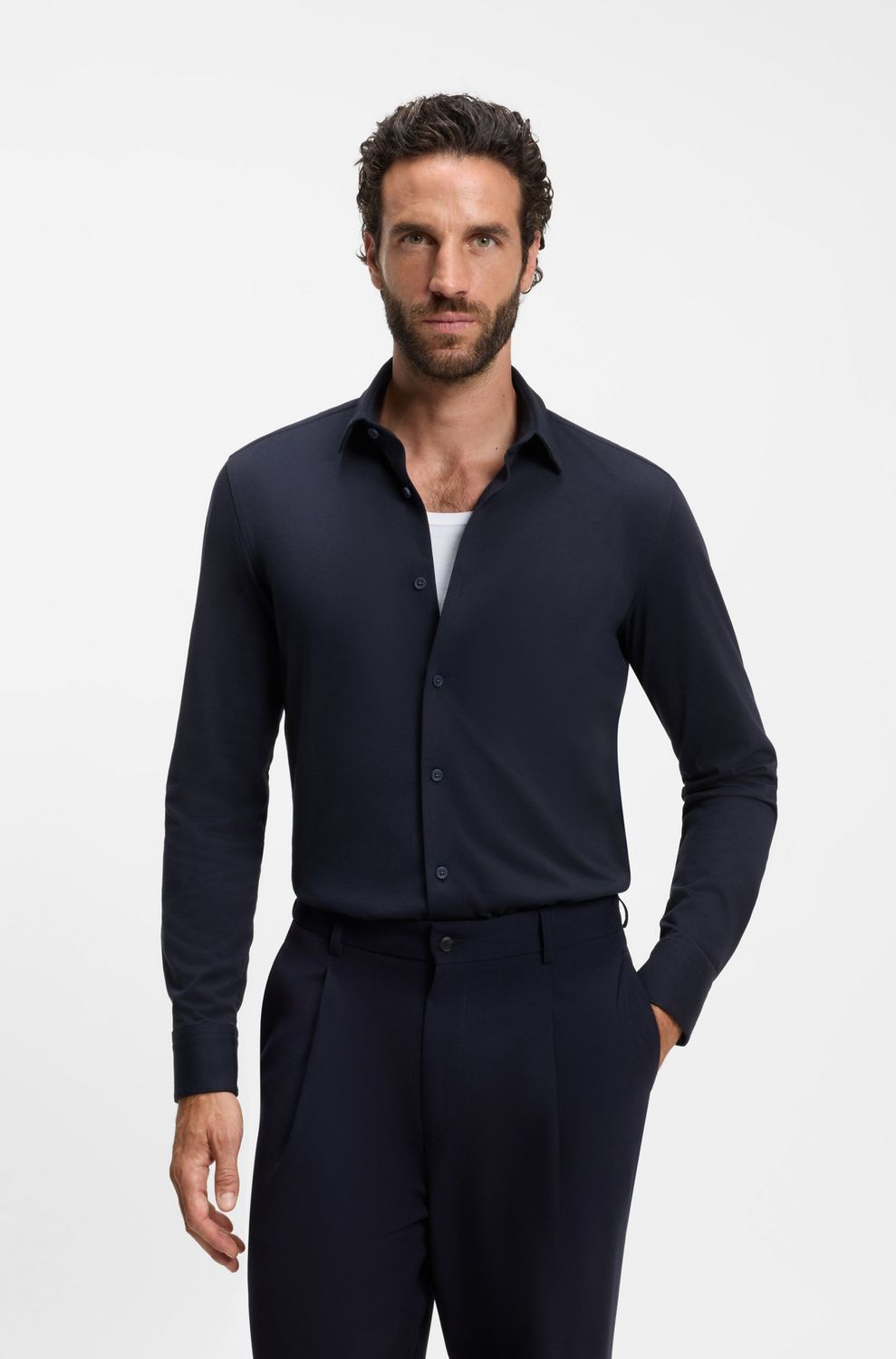 Hugo Boss Slim-fit overhemd van  katoenmix met stretch donkerblauw