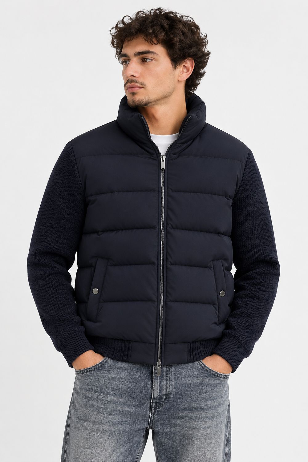 Markup Herenjas met Gewatteerde Body en Gebreide Mouwen – Donkerblauw