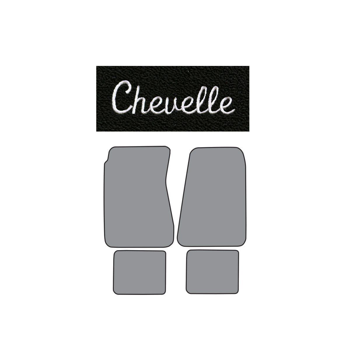 1968-72 Chevelle Loop Carpet Floor Mats  Black w/ Silver &quot;Chevelle&quot; Logo