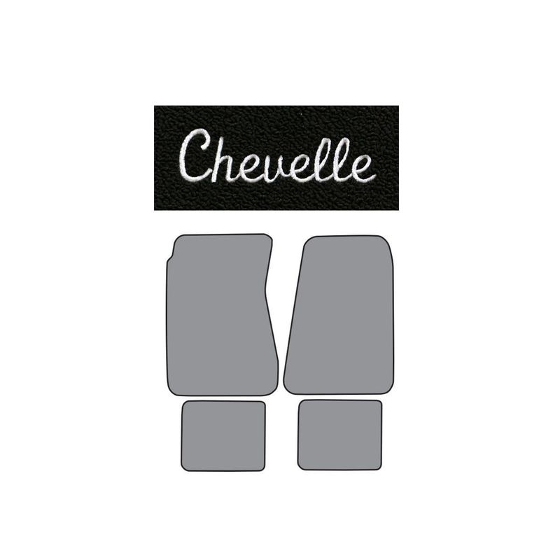 1968-72 Chevelle Loop Carpet Floor Mats  Black w/ Silver &quot;Chevelle&quot; Logo