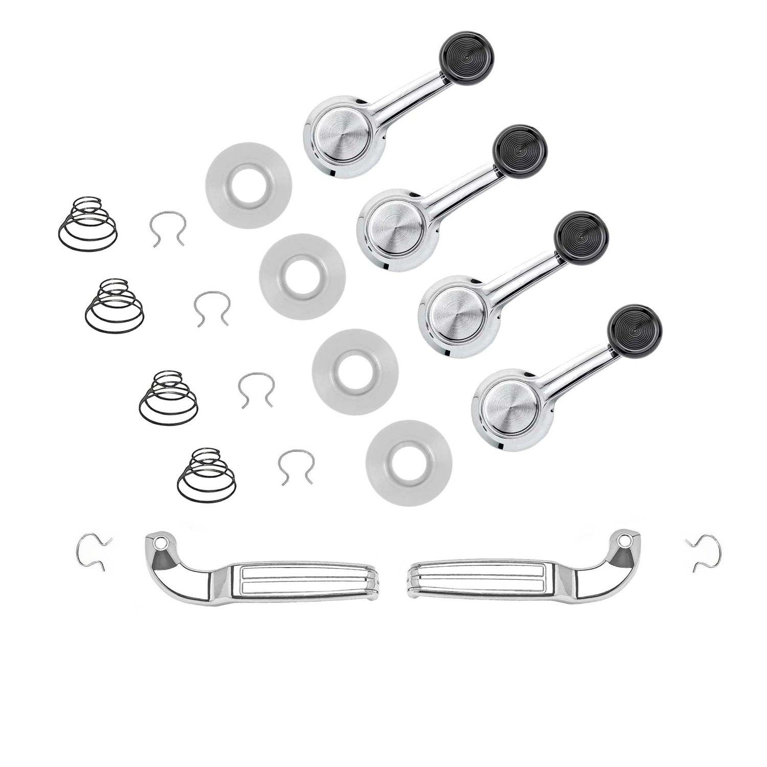 1968-72 GM Window Crank &amp; Door Handle Kit Black Knobs w/ Springs &amp; Crank Washers