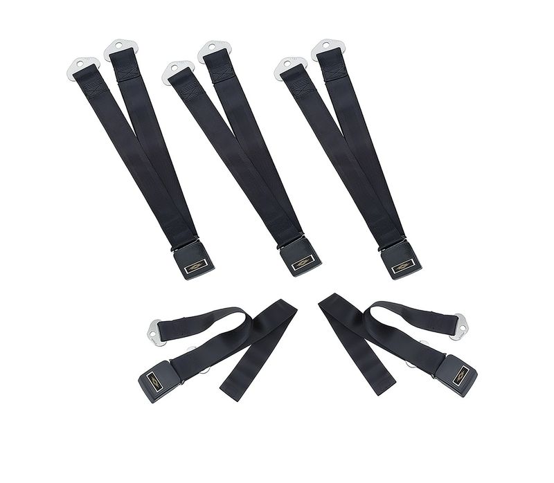 1966-67 Chevelle Standard Black Seatbelts; Front and Rear with Gold Starburst; 5 Belts
